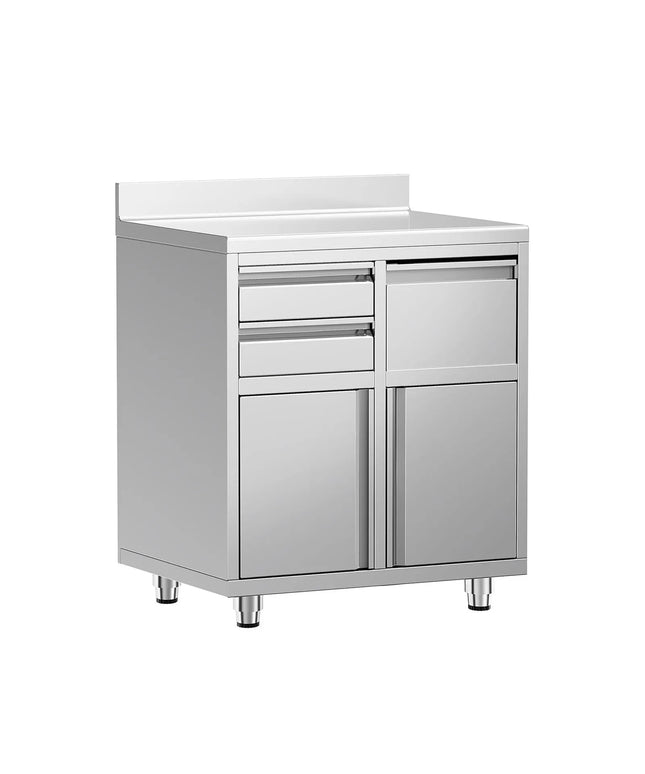 GGM Gastro Commercial Stainless Steel Coffee Station & Worktop Floor Cupboard  - for Coffee Machine - 800x600mm - with 2 Drawers & Double Doors & Upstand