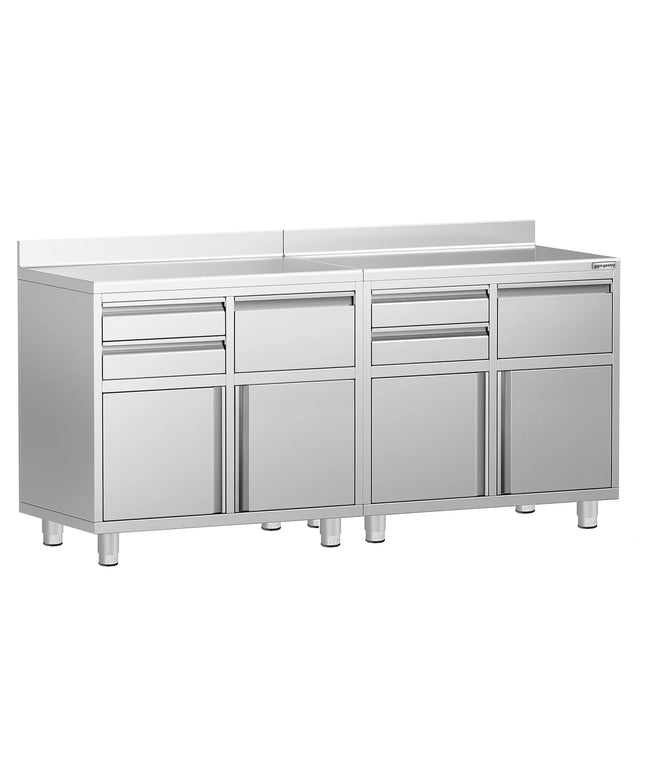 GGM Gastro Commercial Stainless Steel Coffee Station & Worktop Floor Cupboard - for Coffee Machine - 2000x600mm - with 4 Drawers, 4 Doors, 2 Tilting Knockout Drawers - with Rear Upstand