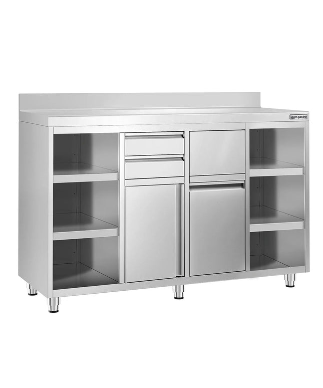 GGM Gastro Commercial Stainless Steel Coffee Station & Worktop Floor Cupboard - for Coffee Machine - 1600x600mm - with 2 Drawers & Double Doors & Upstand