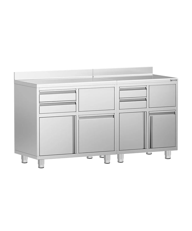 GGM Gastro Commercial Stainless Steel Coffee Station & Worktop Floor Cupboard - for Coffee Machine  - 1400x600mm - with 4 Drawers, 2 Doors, 2 Tilting Knockout Drawers - with Rear Upstand