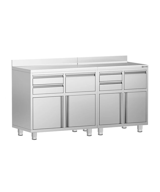 GGM Gastro Commercial Stainless Steel Coffee Station & Worktop Floor Cupboard - for Coffee Machine  - 1800x600mm - with 4 Drawers, 2 Doors, 2 Tilting Knockout Drawers - with Rear Upstand
