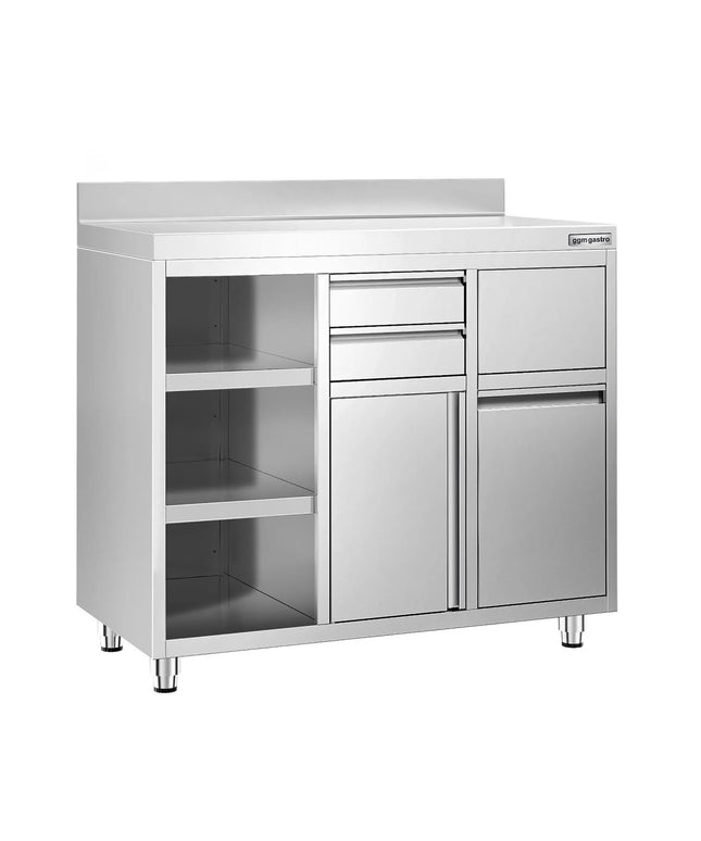 GGM Gastro Commercial Stainless Steel Coffee Station & Worktop Floor Cupboard - for Coffee Machine - 1200x600mm - Hinged Door - Upstand - 2 Drawers - Waste Chute - Tilt-out Waste Bin - Adjustable Shelves on the Left Side