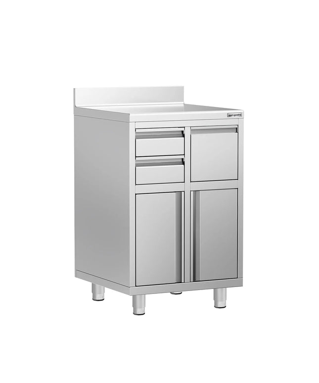 GGM Gastro Commercial Stainless Steel Coffee Station & Worktop Floor Cupboard - for Coffee Machine  - 600x600mm - with 2 Drawers, 1 Door, 1 Tilting Knockout Drawer - with Rear Upstand