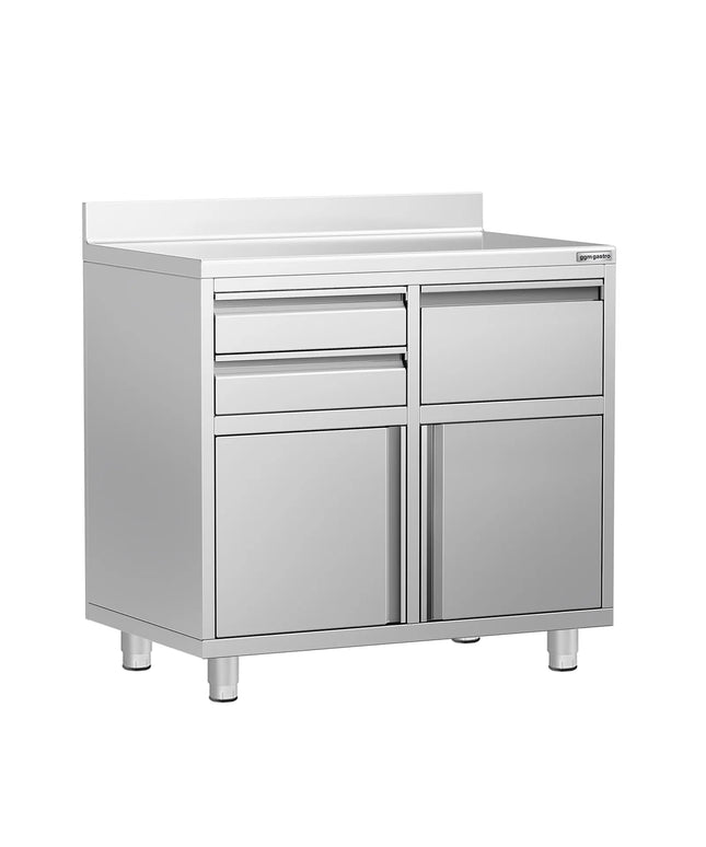 GGM Gastro Commercial Stainless Steel Coffee Station & Worktop Floor Cupboard - for Coffee Machine  - 1000x600mm - with 2 Drawers, 1 Door, 1 Tilting Knockout Drawer - with Rear Upstand