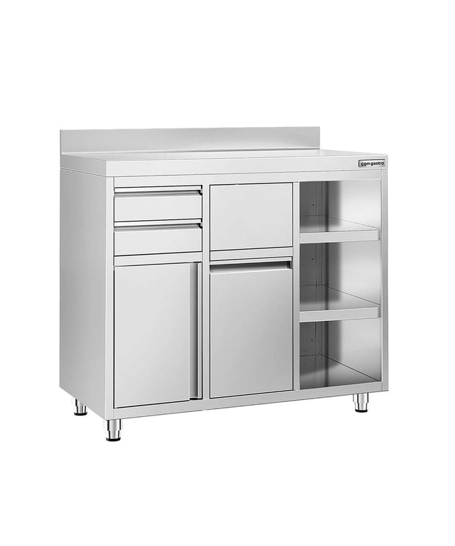 GGM Gastro Commercial Stainless Steel Coffee Station & Worktop Floor Cupboard  - for Coffee Machine - 1200x600mm - Hinged Door - Upstand - 2 Drawers - Waste Chute - Tilt-out Waste Bin - Adjustable Shelves on the Right Side