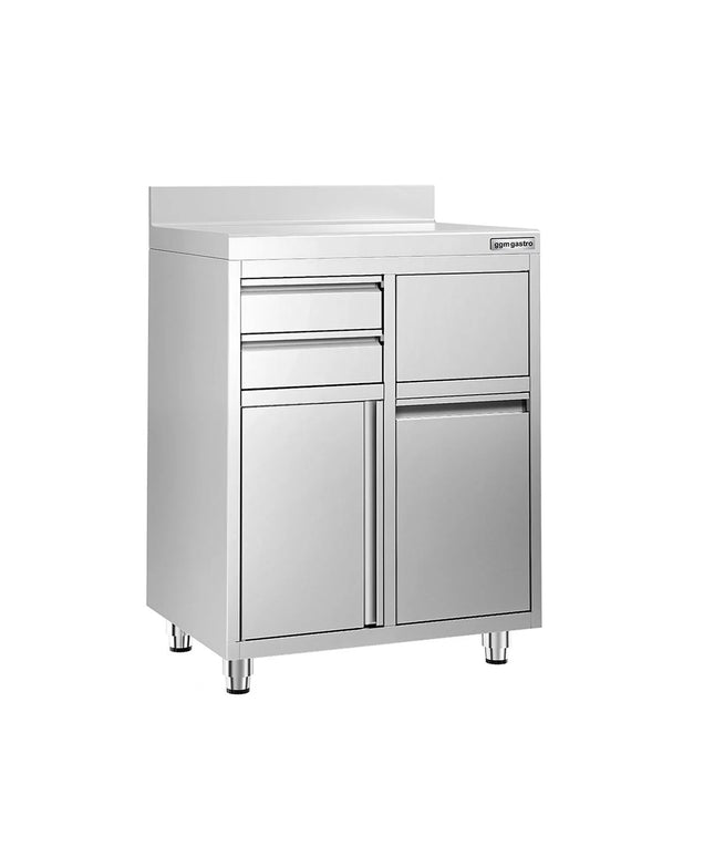 GGM Gastro Commercial Stainless Steel Coffee Station & Worktop Floor Cupboard - for Coffee Machine - 800x600mm - Hinged Door - Upstand - 2 Drawers - Waste Chute - Tilt-out Waste Bin