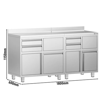 GGM Gastro Commercial Stainless Steel Coffee Station & Worktop Floor Cupboard - for Coffee Machine  - 1400x600mm - with 4 Drawers, 2 Doors, 2 Tilting Knockout Drawers - with Rear Upstand
