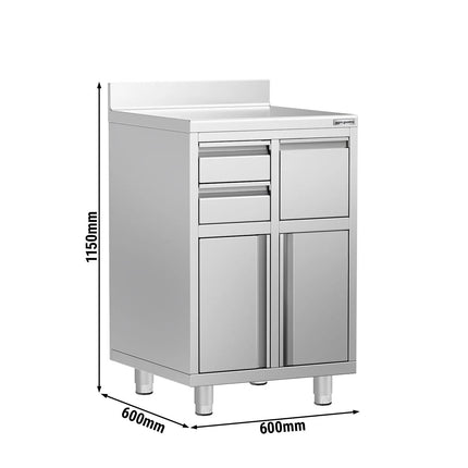 GGM Gastro Commercial Stainless Steel Coffee Station & Worktop Floor Cupboard - for Coffee Machine  - 600x600mm - with 2 Drawers, 1 Door, 1 Tilting Knockout Drawer - with Rear Upstand