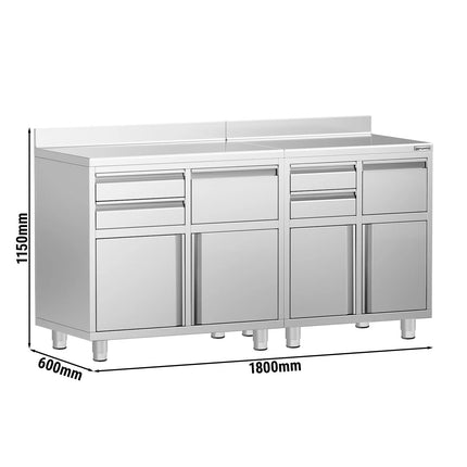 GGM Gastro Commercial Stainless Steel Coffee Station & Worktop Floor Cupboard - for Coffee Machine  - 1800x600mm - with 4 Drawers, 2 Doors, 2 Tilting Knockout Drawers - with Rear Upstand