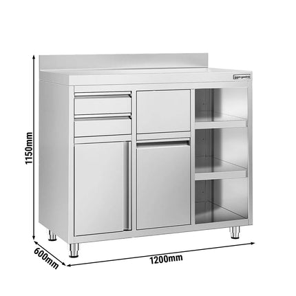 GGM Gastro Commercial Stainless Steel Coffee Station & Worktop Floor Cupboard  - for Coffee Machine - 1200x600mm - Hinged Door - Upstand - 2 Drawers - Waste Chute - Tilt-out Waste Bin - Adjustable Shelves on the Right Side
