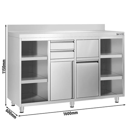 GGM Gastro Commercial Stainless Steel Coffee Station & Worktop Floor Cupboard - for Coffee Machine - 1600x600mm - with 2 Drawers & Double Doors & Upstand