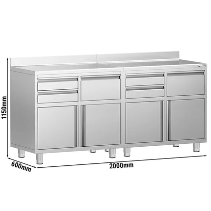 GGM Gastro Commercial Stainless Steel Coffee Station & Worktop Floor Cupboard - for Coffee Machine - 2000x600mm - with 4 Drawers, 4 Doors, 2 Tilting Knockout Drawers - with Rear Upstand