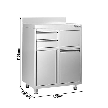 GGM Gastro Commercial Stainless Steel Coffee Station & Worktop Floor Cupboard - for Coffee Machine - 800x600mm - Hinged Door - Upstand - 2 Drawers - Waste Chute - Tilt-out Waste Bin