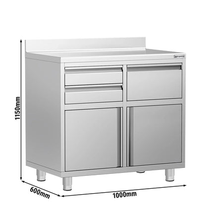 GGM Gastro Commercial Stainless Steel Coffee Station & Worktop Floor Cupboard - for Coffee Machine  - 1000x600mm - with 2 Drawers, 1 Door, 1 Tilting Knockout Drawer - with Rear Upstand