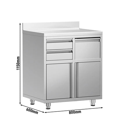 GGM Gastro Commercial Stainless Steel Coffee Station & Worktop Floor Cupboard  - for Coffee Machine - 800x600mm - with 2 Drawers & Double Doors & Upstand