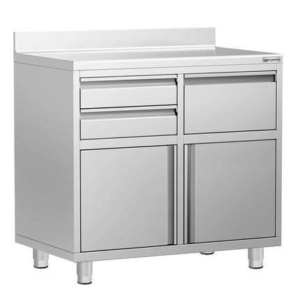 GGM Gastro Commercial Stainless Steel Coffee Station & Worktop Floor Cupboard - for Coffee Machine  - 1000x600mm - with 2 Drawers, 1 Door, 1 Tilting Knockout Drawer - with Rear Upstand
