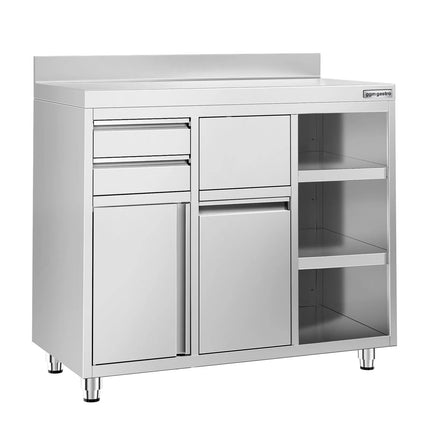 GGM Gastro Commercial Stainless Steel Coffee Station & Worktop Floor Cupboard  - for Coffee Machine - 1200x600mm - Hinged Door - Upstand - 2 Drawers - Waste Chute - Tilt-out Waste Bin - Adjustable Shelves on the Right Side