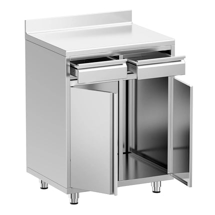 GGM Gastro Commercial Stainless Steel Coffee Station & Worktop Floor Cupboard - for Coffee Machine - 800x600mm - Hinged Double Door - Upstand - 2 Drawers