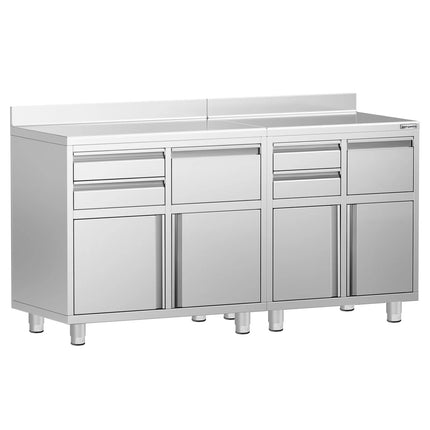 GGM Gastro Commercial Stainless Steel Coffee Station & Worktop Floor Cupboard - for Coffee Machine  - 1800x600mm - with 4 Drawers, 2 Doors, 2 Tilting Knockout Drawers - with Rear Upstand