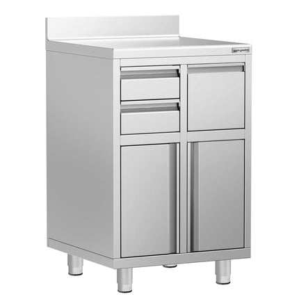 GGM Gastro Commercial Stainless Steel Coffee Station & Worktop Floor Cupboard - for Coffee Machine  - 600x600mm - with 2 Drawers, 1 Door, 1 Tilting Knockout Drawer - with Rear Upstand