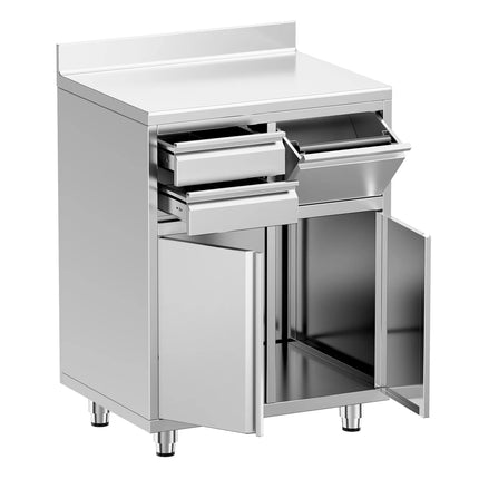 GGM Gastro Commercial Stainless Steel Coffee Station & Worktop Floor Cupboard  - for Coffee Machine - 800x600mm - with 2 Drawers & Double Doors & Upstand