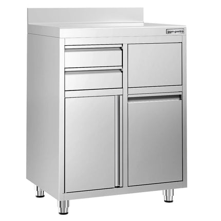 GGM Gastro Commercial Stainless Steel Coffee Station & Worktop Floor Cupboard - for Coffee Machine - 800x600mm - Hinged Door - Upstand - 2 Drawers - Waste Chute - Tilt-out Waste Bin