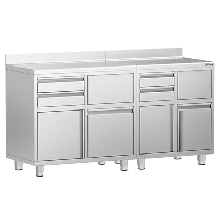 GGM Gastro Commercial Stainless Steel Coffee Station & Worktop Floor Cupboard - for Coffee Machine  - 1400x600mm - with 4 Drawers, 2 Doors, 2 Tilting Knockout Drawers - with Rear Upstand