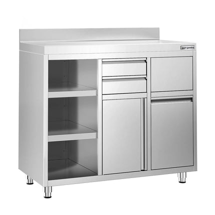 GGM Gastro Commercial Stainless Steel Coffee Station & Worktop Floor Cupboard - for Coffee Machine - 1200x600mm - Hinged Door - Upstand - 2 Drawers - Waste Chute - Tilt-out Waste Bin - Adjustable Shelves on the Left Side