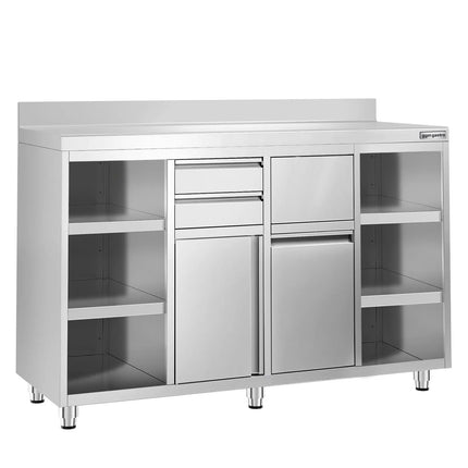 GGM Gastro Commercial Stainless Steel Coffee Station & Worktop Floor Cupboard - for Coffee Machine - 1600x600mm - with 2 Drawers & Double Doors & Upstand