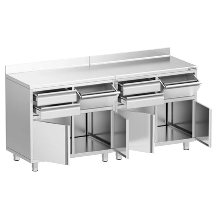 GGM Gastro Commercial Stainless Steel Coffee Station & Worktop Floor Cupboard - for Coffee Machine - 2000x600mm - with 4 Drawers, 4 Doors, 2 Tilting Knockout Drawers - with Rear Upstand