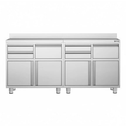 GGM Gastro Commercial Stainless Steel Coffee Station & Worktop Floor Cupboard - for Coffee Machine - 2000x600mm - with 4 Drawers, 4 Doors, 2 Tilting Knockout Drawers - with Rear Upstand