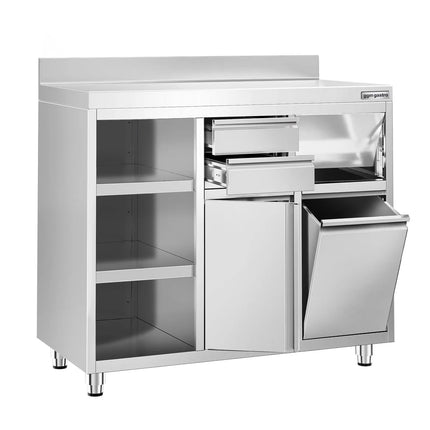 GGM Gastro Commercial Stainless Steel Coffee Station & Worktop Floor Cupboard - for Coffee Machine - 1200x600mm - Hinged Door - Upstand - 2 Drawers - Waste Chute - Tilt-out Waste Bin - Adjustable Shelves on the Left Side