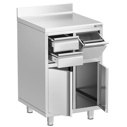 GGM Gastro Commercial Stainless Steel Coffee Station & Worktop Floor Cupboard - for Coffee Machine  - 600x600mm - with 2 Drawers, 1 Door, 1 Tilting Knockout Drawer - with Rear Upstand