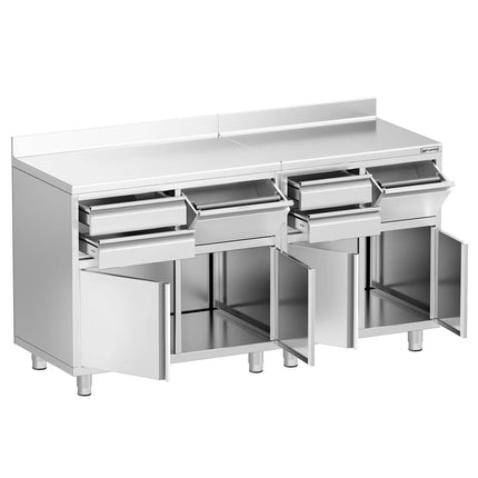 GGM Gastro Commercial Stainless Steel Coffee Station & Worktop Floor Cupboard - for Coffee Machine  - 1800x600mm - with 4 Drawers, 2 Doors, 2 Tilting Knockout Drawers - with Rear Upstand