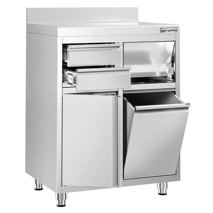 GGM Gastro Commercial Stainless Steel Coffee Station & Worktop Floor Cupboard - for Coffee Machine - 800x600mm - Hinged Door - Upstand - 2 Drawers - Waste Chute - Tilt-out Waste Bin