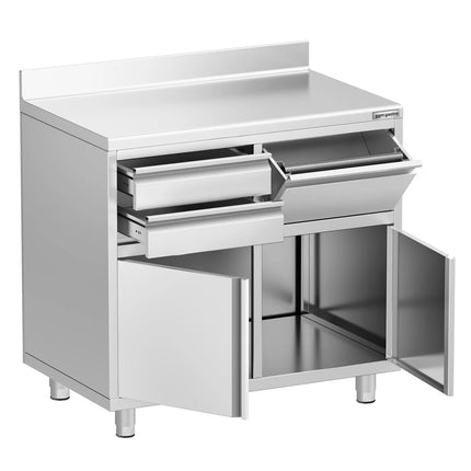 GGM Gastro Commercial Stainless Steel Coffee Station & Worktop Floor Cupboard - for Coffee Machine  - 1000x600mm - with 2 Drawers, 1 Door, 1 Tilting Knockout Drawer - with Rear Upstand