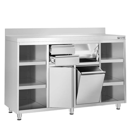 GGM Gastro Commercial Stainless Steel Coffee Station & Worktop Floor Cupboard - for Coffee Machine - 1600x600mm - with 2 Drawers & Double Doors & Upstand