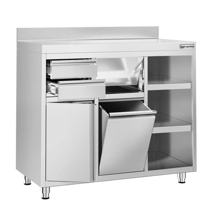 GGM Gastro Commercial Stainless Steel Coffee Station & Worktop Floor Cupboard  - for Coffee Machine - 1200x600mm - Hinged Door - Upstand - 2 Drawers - Waste Chute - Tilt-out Waste Bin - Adjustable Shelves on the Right Side