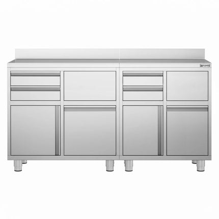 GGM Gastro Commercial Stainless Steel Coffee Station & Worktop Floor Cupboard - for Coffee Machine  - 1400x600mm - with 4 Drawers, 2 Doors, 2 Tilting Knockout Drawers - with Rear Upstand