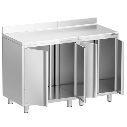 GGM Gastro Commercial Stainless Steel Coffee Station & Worktop Floor Cupboard  - for Coffee Machine - 1400x600mm - with 4 Double Doors - with Rear Upstand
