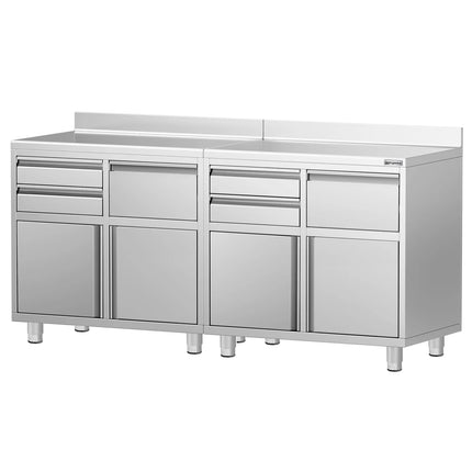 GGM Gastro Commercial Stainless Steel Coffee Station & Worktop Floor Cupboard - for Coffee Machine - 2000x600mm - with 4 Drawers, 4 Doors, 2 Tilting Knockout Drawers - with Rear Upstand