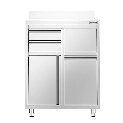 GGM Gastro Commercial Stainless Steel Coffee Station & Worktop Floor Cupboard - for Coffee Machine - 800x600mm - Hinged Door - Upstand - 2 Drawers - Waste Chute - Tilt-out Waste Bin
