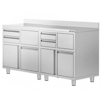 GGM Gastro Commercial Stainless Steel Coffee Station & Worktop Floor Cupboard - for Coffee Machine  - 1400x600mm - with 4 Drawers, 2 Doors, 2 Tilting Knockout Drawers - with Rear Upstand