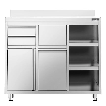 GGM Gastro Commercial Stainless Steel Coffee Station & Worktop Floor Cupboard  - for Coffee Machine - 1200x600mm - Hinged Door - Upstand - 2 Drawers - Waste Chute - Tilt-out Waste Bin - Adjustable Shelves on the Right Side