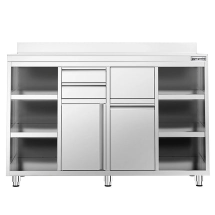 GGM Gastro Commercial Stainless Steel Coffee Station & Worktop Floor Cupboard - for Coffee Machine - 1600x600mm - with 2 Drawers & Double Doors & Upstand