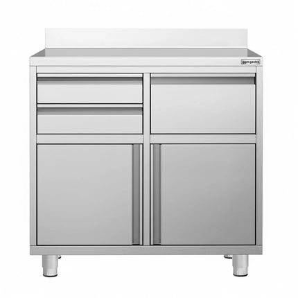 GGM Gastro Commercial Stainless Steel Coffee Station & Worktop Floor Cupboard - for Coffee Machine  - 1000x600mm - with 2 Drawers, 1 Door, 1 Tilting Knockout Drawer - with Rear Upstand