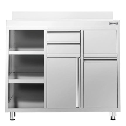 GGM Gastro Commercial Stainless Steel Coffee Station & Worktop Floor Cupboard - for Coffee Machine - 1200x600mm - Hinged Door - Upstand - 2 Drawers - Waste Chute - Tilt-out Waste Bin - Adjustable Shelves on the Left Side