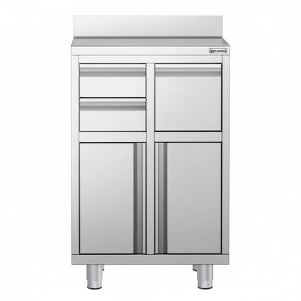 GGM Gastro Commercial Stainless Steel Coffee Station & Worktop Floor Cupboard - for Coffee Machine  - 600x600mm - with 2 Drawers, 1 Door, 1 Tilting Knockout Drawer - with Rear Upstand
