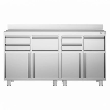 GGM Gastro Commercial Stainless Steel Coffee Station & Worktop Floor Cupboard - for Coffee Machine  - 1800x600mm - with 4 Drawers, 2 Doors, 2 Tilting Knockout Drawers - with Rear Upstand