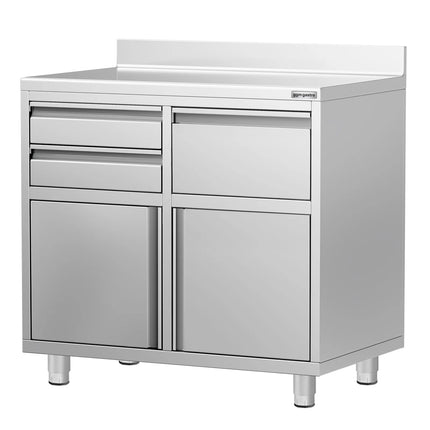 GGM Gastro Commercial Stainless Steel Coffee Station & Worktop Floor Cupboard - for Coffee Machine  - 1000x600mm - with 2 Drawers, 1 Door, 1 Tilting Knockout Drawer - with Rear Upstand